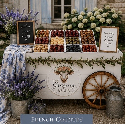 The Grazing Belle French Country styled mobile cart with lavender, blue shutters, and a wooden cart wheel