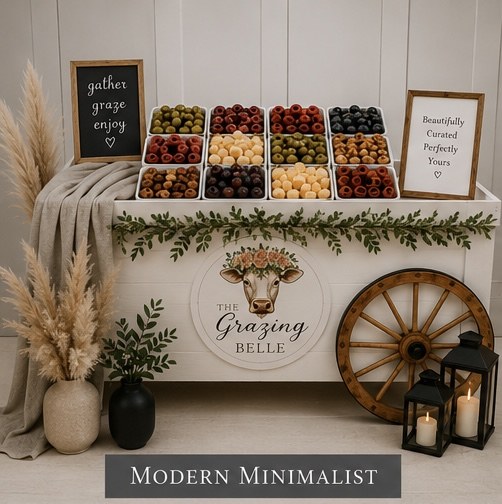 The Grazing Belle modern minimalist mobile cart styled with individually portioned grazing trays, pampas grass, lanterns, and a wooden cart wheel