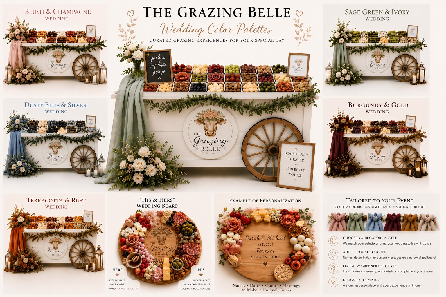 The Grazing Belle mobile cart styled in six wedding color palettes: blush and champagne, sage green and ivory, dusty blue and silver, burgundy and gold, and terracotta and rust, plus examples of His and Hers wedding board styling and personalization with names and dates