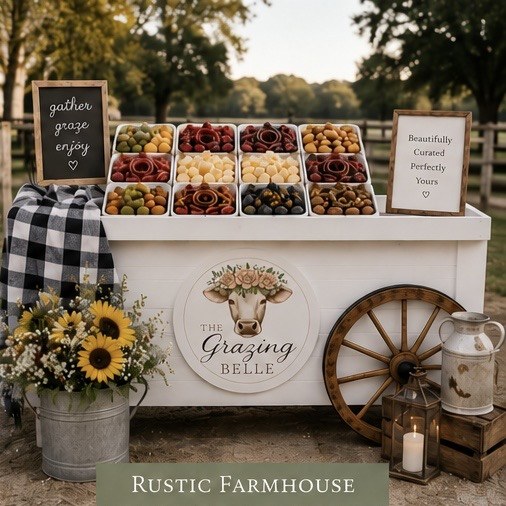 The Grazing Belle rustic farmhouse styled mobile cart with sunflowers, buffalo check linen, and a wooden cart wheel