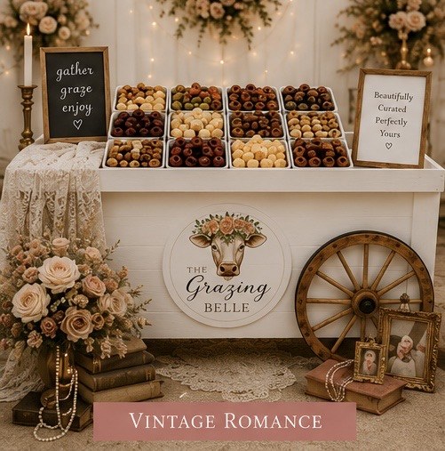 The Grazing Belle Vintage Romance styled mobile cart with blush roses, pearls, candlelight, and vintage frames