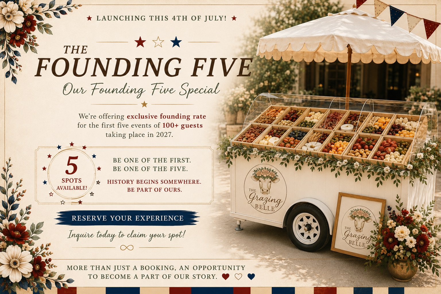 The Grazing Belle Founding Five special — exclusive founding rate for the first five events of 100 or more guests taking place in 2027, launching this 4th of July