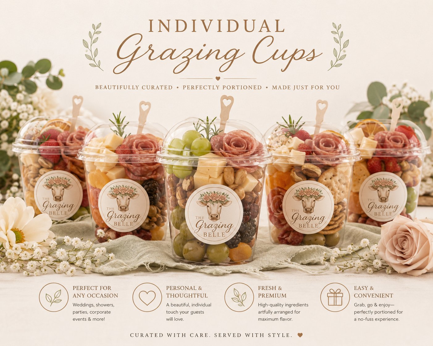 Individual Grazing Belle grazing cups with salami roses, cheese, grapes, and crackers, beautifully curated and perfectly portioned