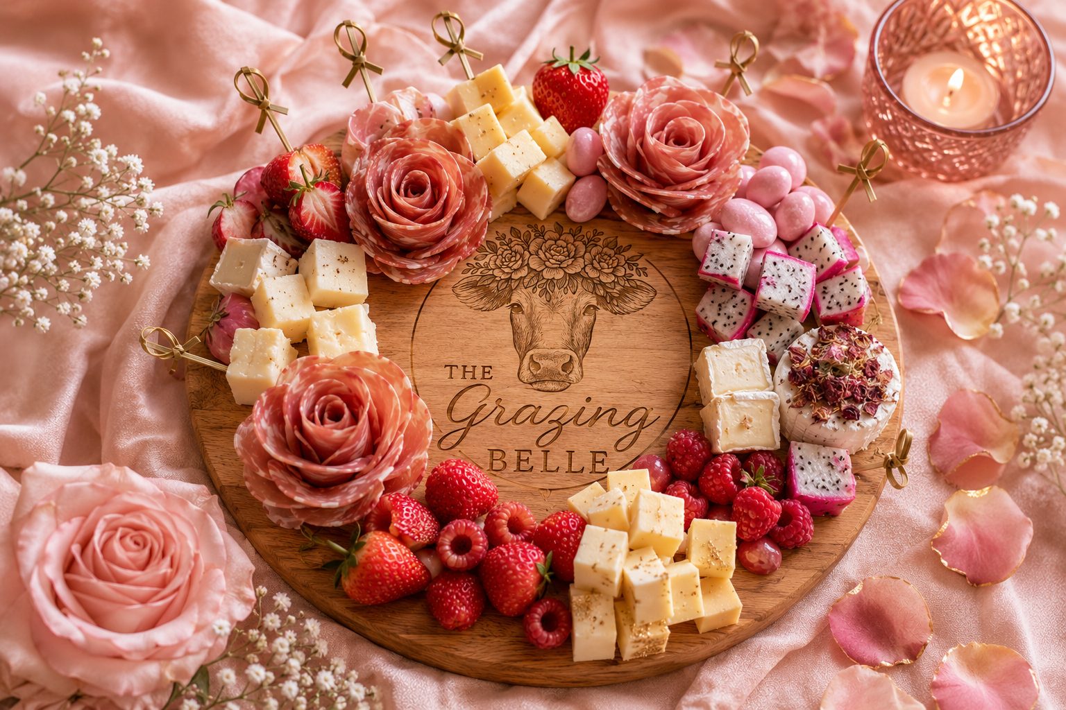 The Grazing Belle personalized grazing board styled in blush and champagne tones with strawberries, dragon fruit, cheeses, and prosciutto roses