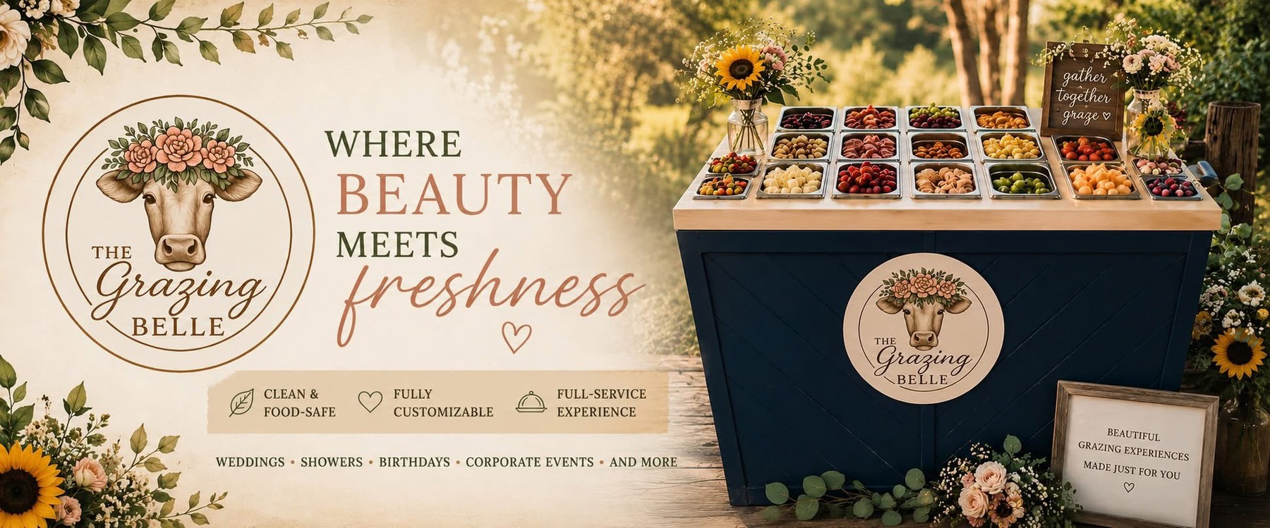 The Grazing Belle banner reading Where Beauty Meets Freshness, featuring the navy mobile grazing cart with individually portioned trays of fruit, cheese, and charcuterie, styled outdoors with florals, alongside icons for clean and food-safe, fully customizable, and full-service experience for weddings, showers, birthdays, and corporate events